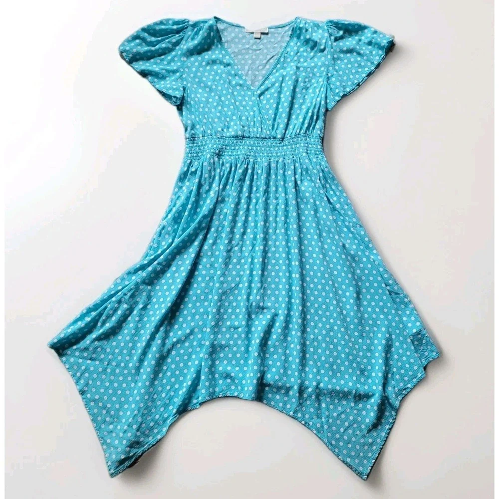 Michael Kors‎ Sky Blue Polka Dot Smocked Waist Midi Dress Large Romantic Pin Up
